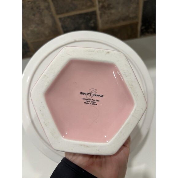 Cake Stand Grace's Teaware Porcelain Rose Flowers on Pink Pedestal Gold Trim - Picture 6 of 11